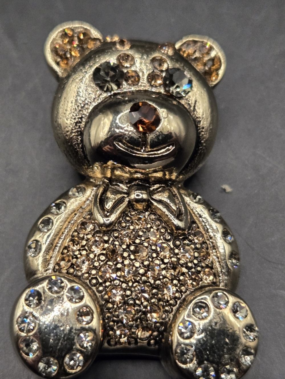 Vintage Rhinestone Teddy Bear Brooch Gold Tone Cute Animal Pin
